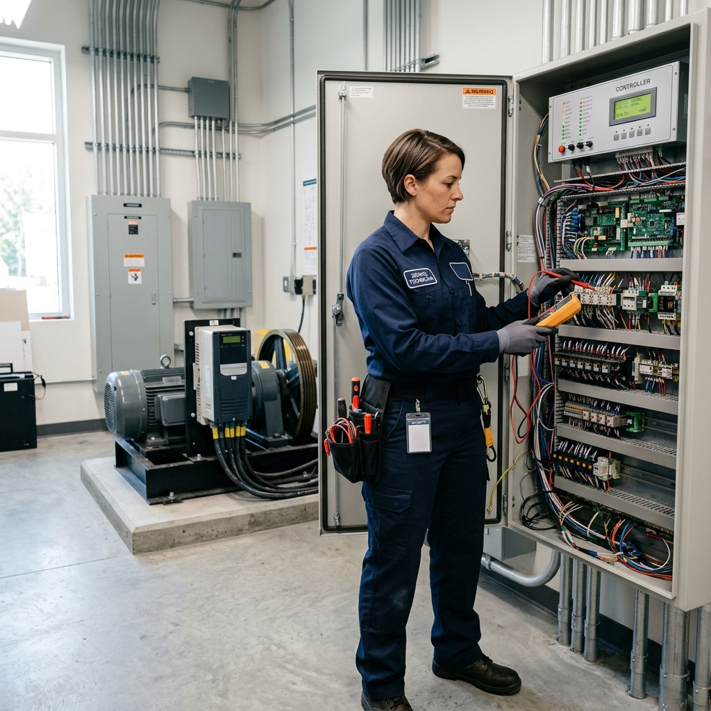 Elevator maintenance engineer using a smart tablet diagnostic tool in machine room
