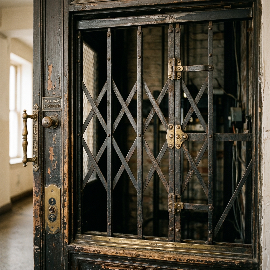 Vintage manual collapsible scissor-gate elevator door