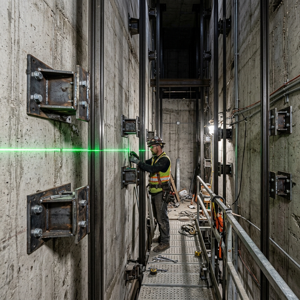 Precision laser alignment of elevator guide rails during installation