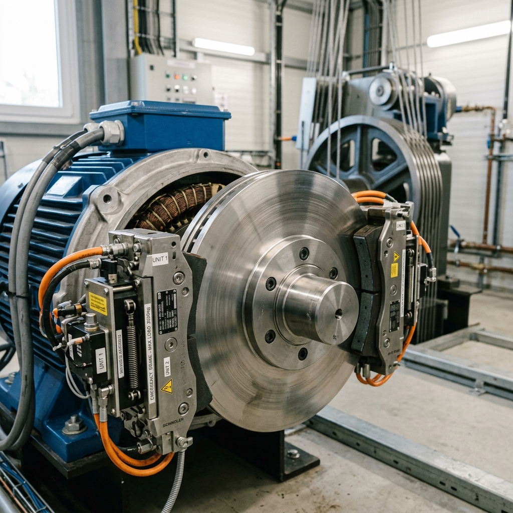 High performance gearless traction machine with dual-circuit electromechanical brakes